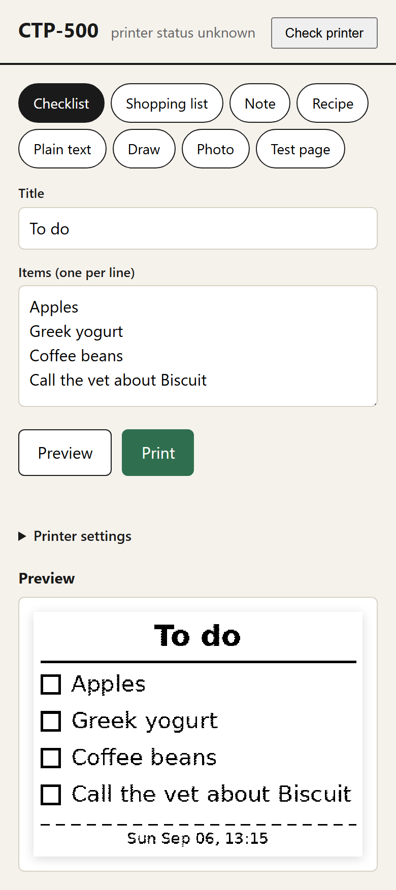 The CTP-500 web UI on a phone: checklist template with a To do list and a live print preview below