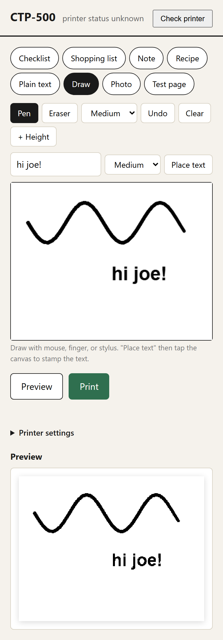 The draw tab on a phone: a hand-drawn wave and stamped text on the canvas, mirrored in the print preview