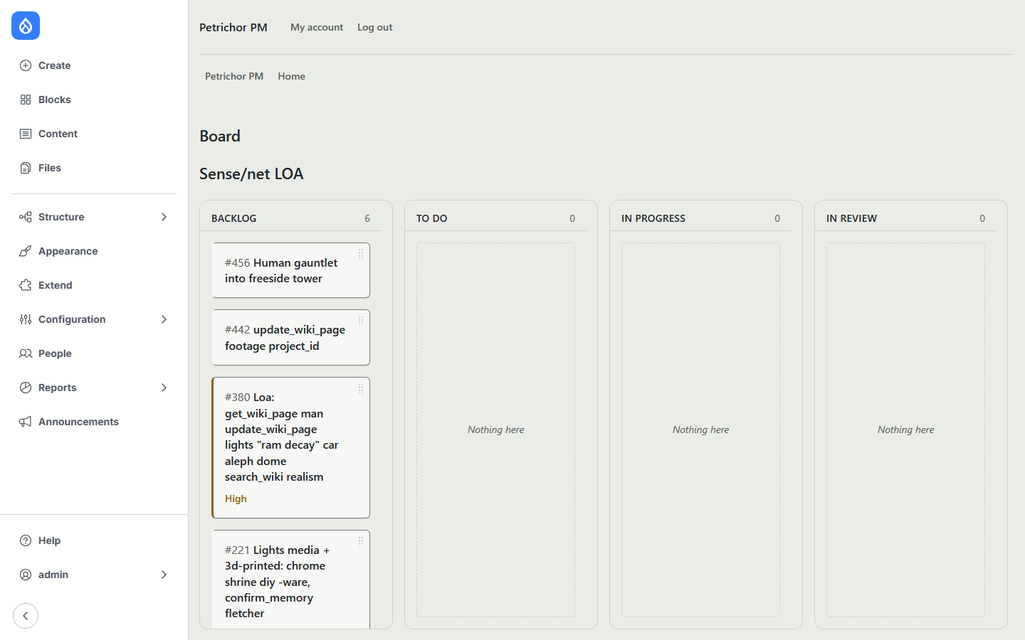 The kanban board for Petrichor's own project. Columns come from the status field's allowed values, so the board and the MCP enum can't drift apart