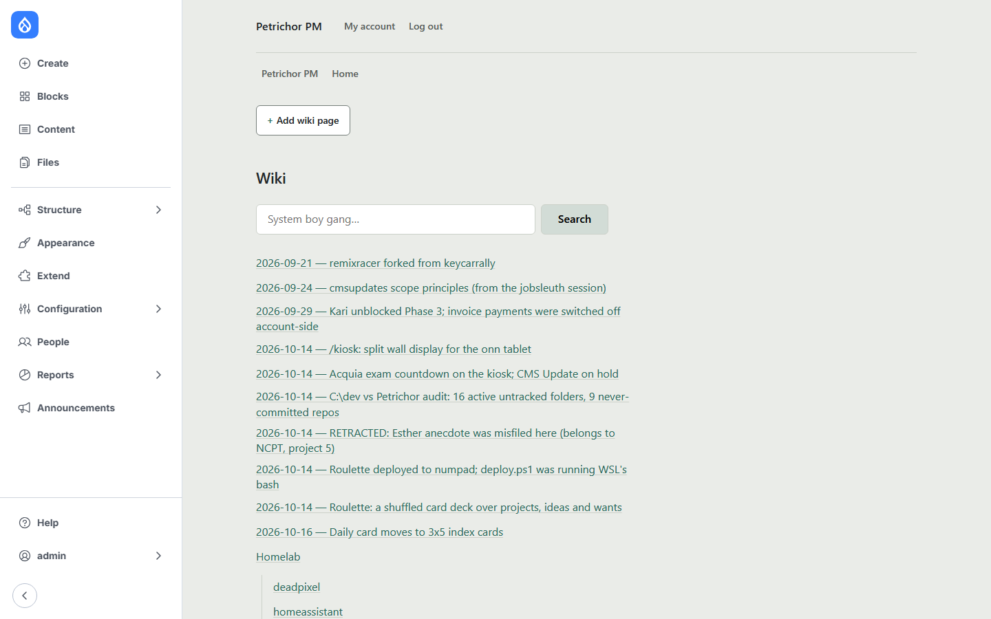 The wiki tree. 465 of these pages were imported from my old markdown log and carry 939 tags between them