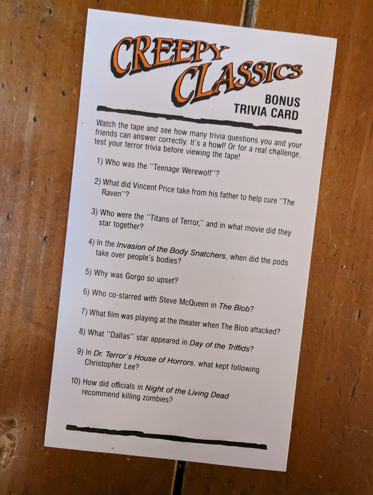 Creepy Classics bonus trivia card