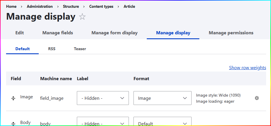 Drupal content type field display settings